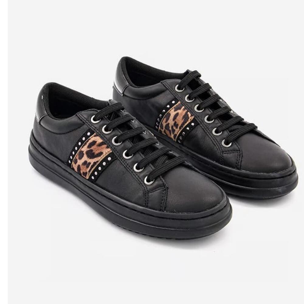 NEW GEOX Pontoise Lace Up Sneakers in Black Italian Leather Womens Size 37/7 - Picture 2 of 7